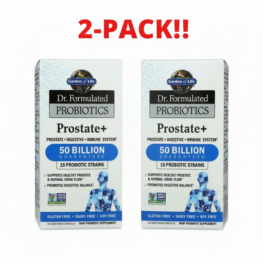 Two bottles of Garden of Life RAW Probiotics: Prostate & Digestive Health, 60 capsules each, displayed as a 2-Pack Value Bundle (120 capsules total).