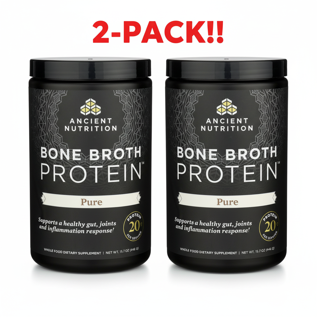 Two Ancient Nutrition Pure Bone Broth Protein 15.7 oz tubs displayed side-by-side, clearly indicating "Double Pack" or "2-Pack Bundle," emphasizing "Pure" and "Unflavored.