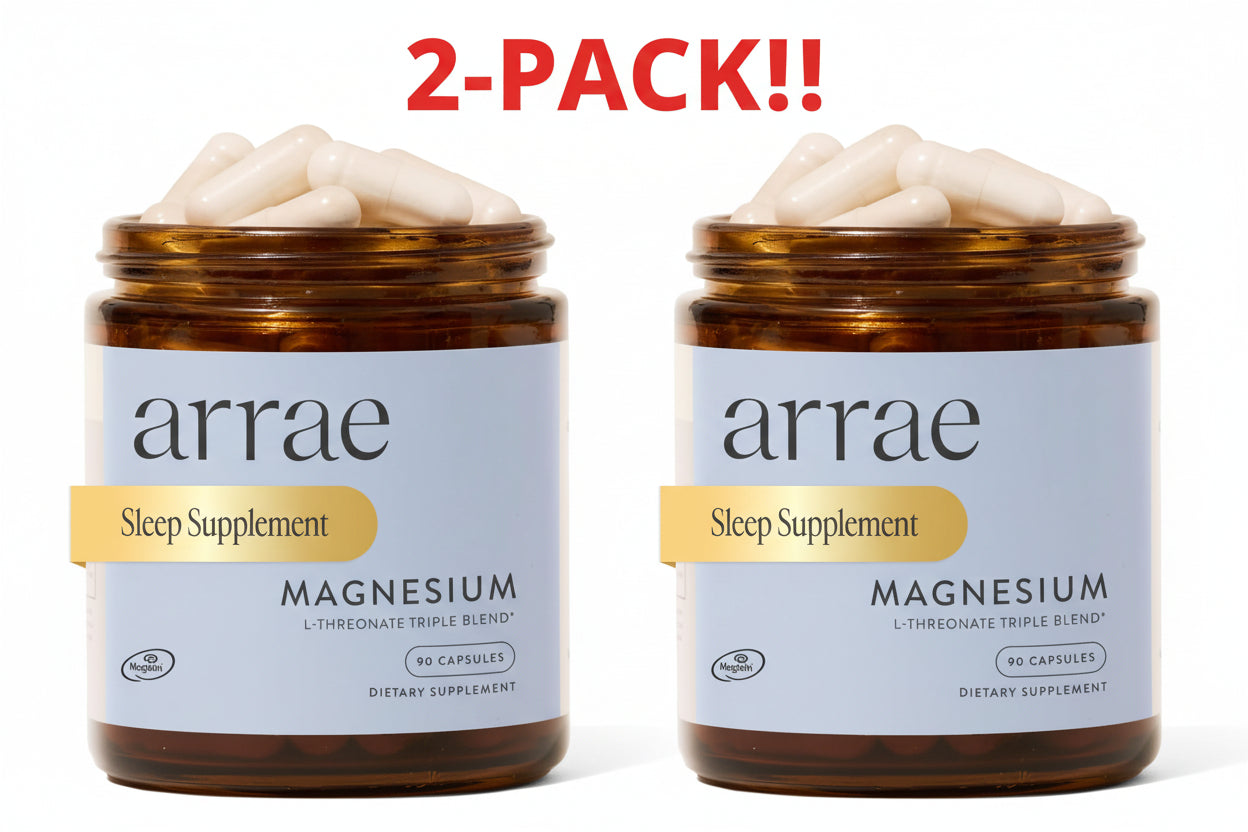 Two jars of arrae magnesium sleep supplement on a white background with '2-Pack!!' text.