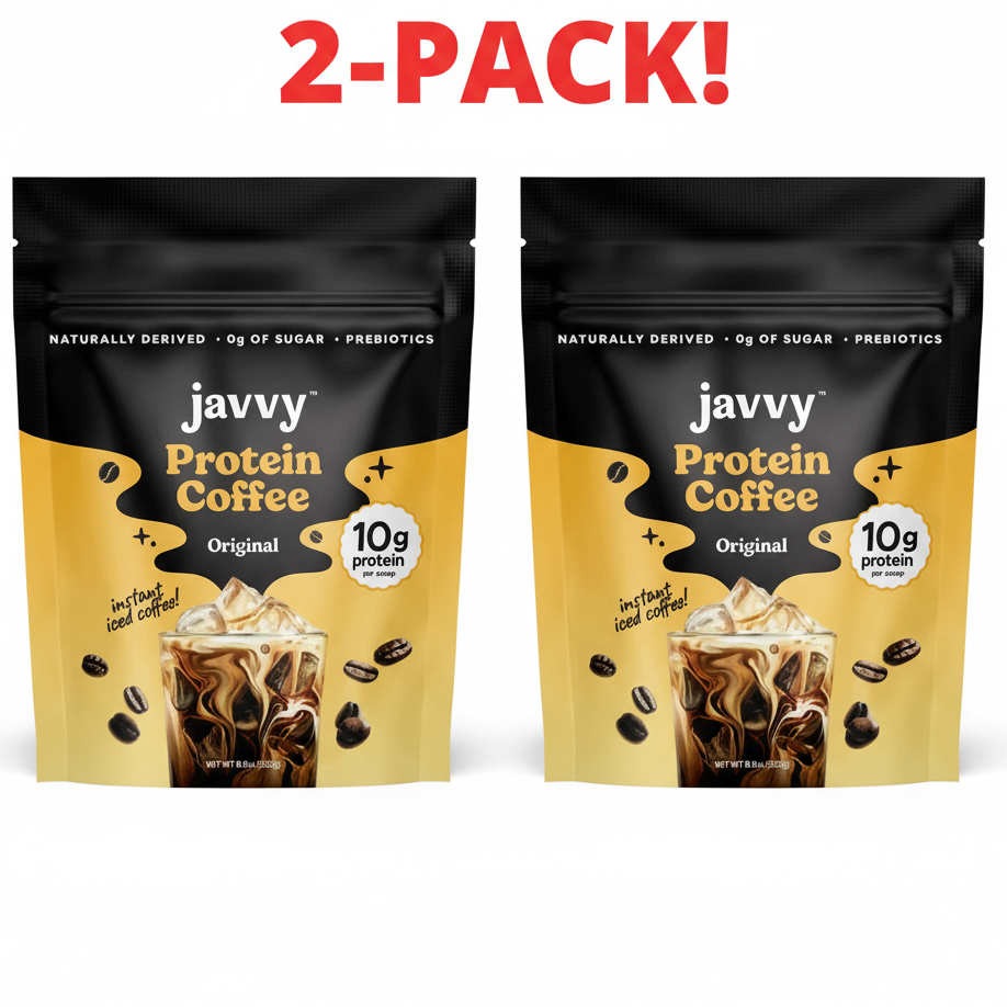 Two bags of Javvy Original Instant Protein Coffee Blend, clearly labeled as a 2-Pack bundle. Highlight "Original," "High Protein," and "2 Bags.