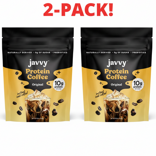 Two bags of Javvy Original Instant Protein Coffee Blend, clearly labeled as a 2-Pack bundle. Highlight "Original," "High Protein," and "2 Bags.