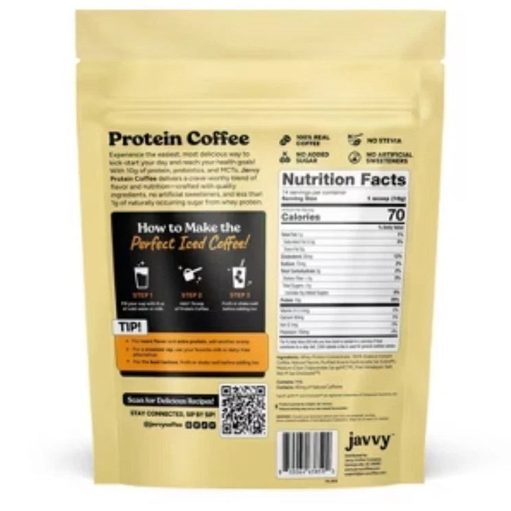 Protein coffee package with nutritional information and brand name on a white background