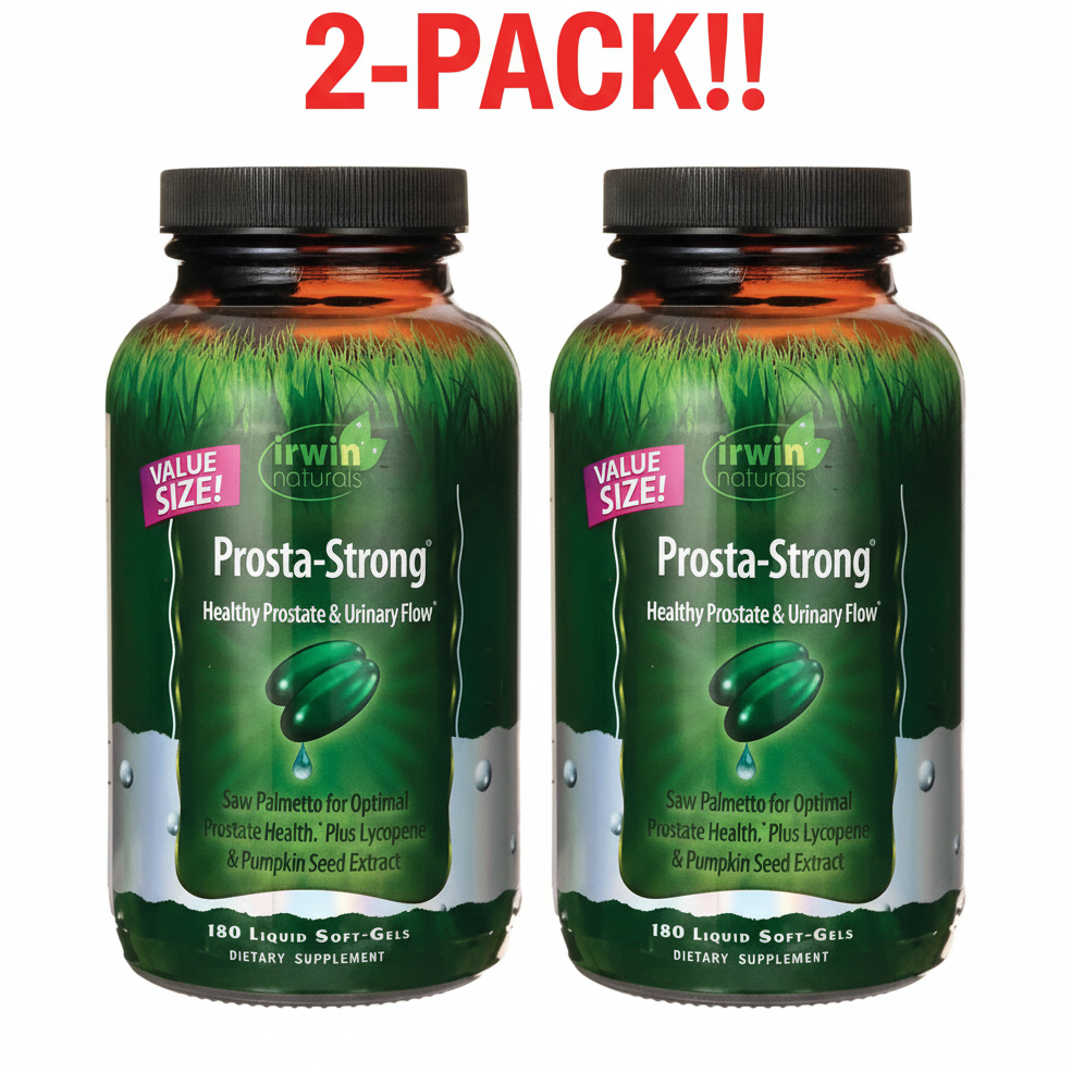 Two bottles of Irwin Naturals Prosta-Strong (180 Liquid Softgels each) displayed together, clearly highlighting the 2-pack bundle and men's health focus.