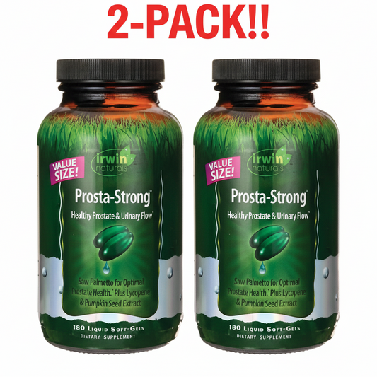 Two bottles of Irwin Naturals Prosta-Strong (180 Liquid Softgels each) displayed together, clearly highlighting the 2-pack bundle and men's health focus.