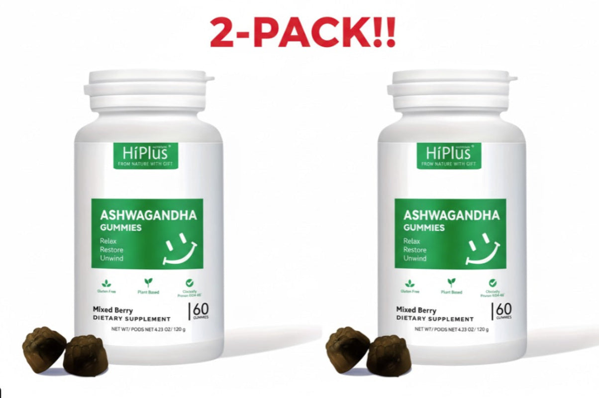 Two bottles of HiPlus Ashwagandha Gummies on a white background with '2-Pack!!' text.