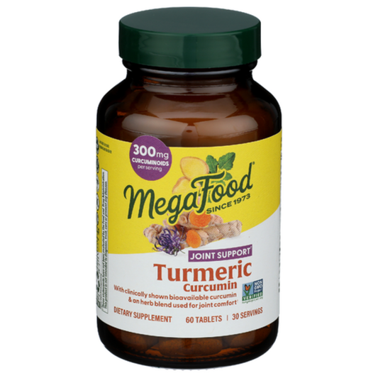 MegaFood Turmeric Curcumin supplement bottle on a white background