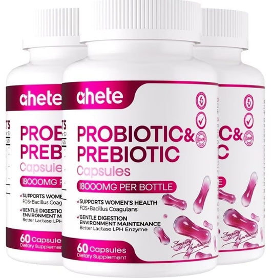 Three bottles of chete Probiotic & Prebiotic Capsules on a white background