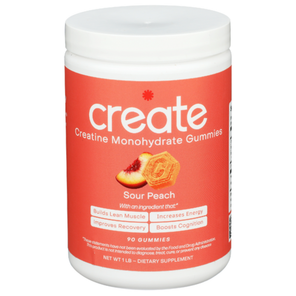 Container of Create Creatine Monohydrate Gummies with a peach flavor on a white background