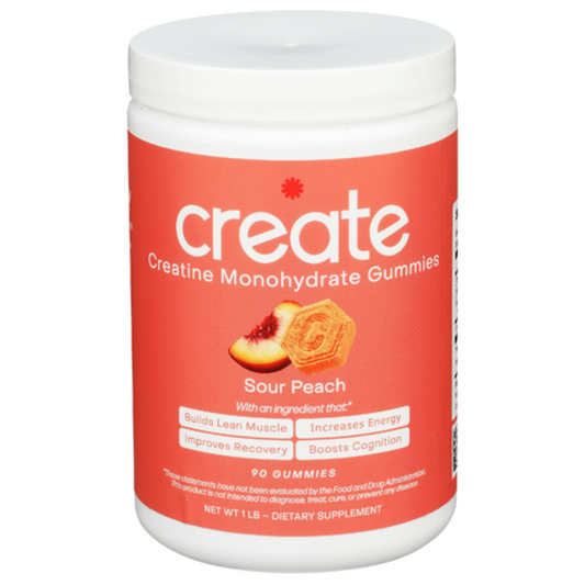 Container of Create Creatine Monohydrate Gummies with a peach flavor on a white background