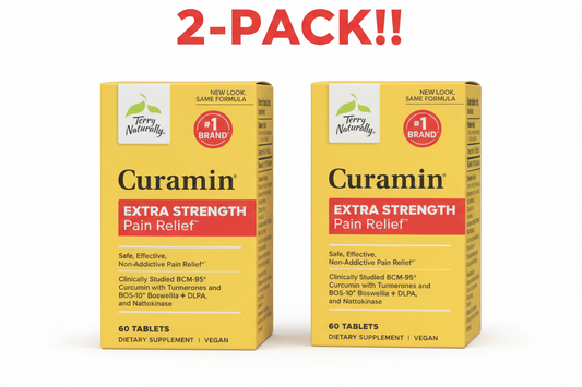 Two boxes of Curamin Extra Strength Pain Relief on a white background with '2-Pack!' text.