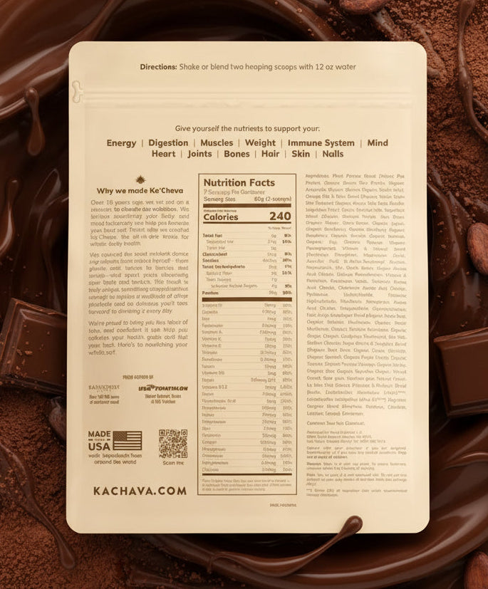 Infographic highlighting Ka'Chava's 5 key nutrition pillars: Protein, Supergreens, Adaptogens, Omegas, and Probiotics.