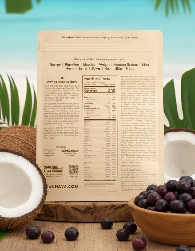 Infographic highlighting Ka'Chava's 5 key nutrition pillars: Protein, Supergreens, Adaptogens, Omegas, and Probiotics.