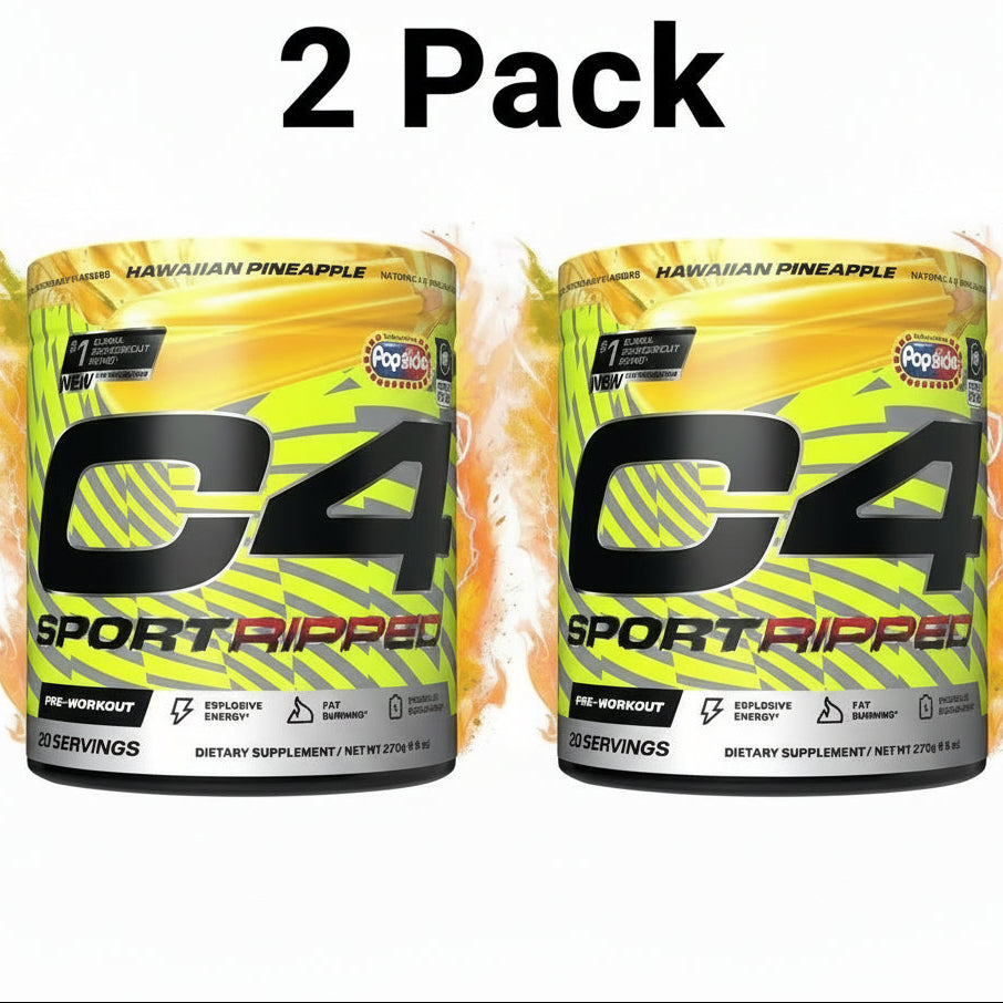 Two bottles of C4 Sport Ripped pre-workout supplement with Hawaiian Pineapple flavor on a white background.