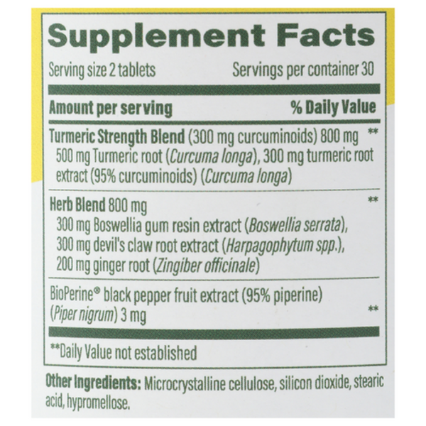 Supplement facts label for a Turmeric Strength Blend with Boswellia gum resin extract and other ingredients.