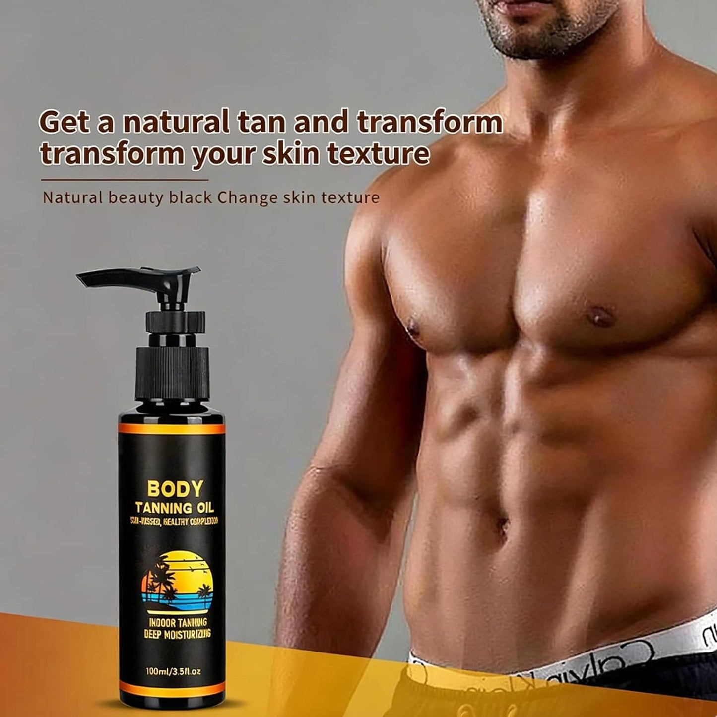 Man with a tan body next to a bottle of body tanning oil with text about getting a natural tan.
