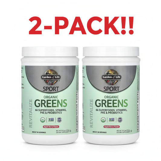 Two Garden of Life Organic Apple Berry Sport Greens 9.52 oz tubs displayed side-by-side, clearly indicating "Double Pack" or "2-Pack Bundle," emphasizing the "NSF Certified" and "Organic" labels.