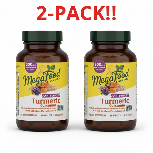 Two bottles of MegaFood Turmeric Curcumin supplement with a '2-Pack!' label on a white background.
