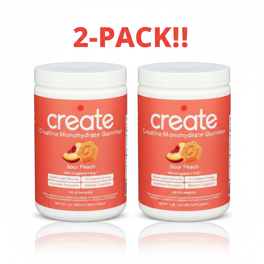 Two Create Wellness Sour Peach Creatine Monohydrate Gummies bottles displayed side-by-side, clearly labeled "Double Pack" or "2-Pack Bundle."
