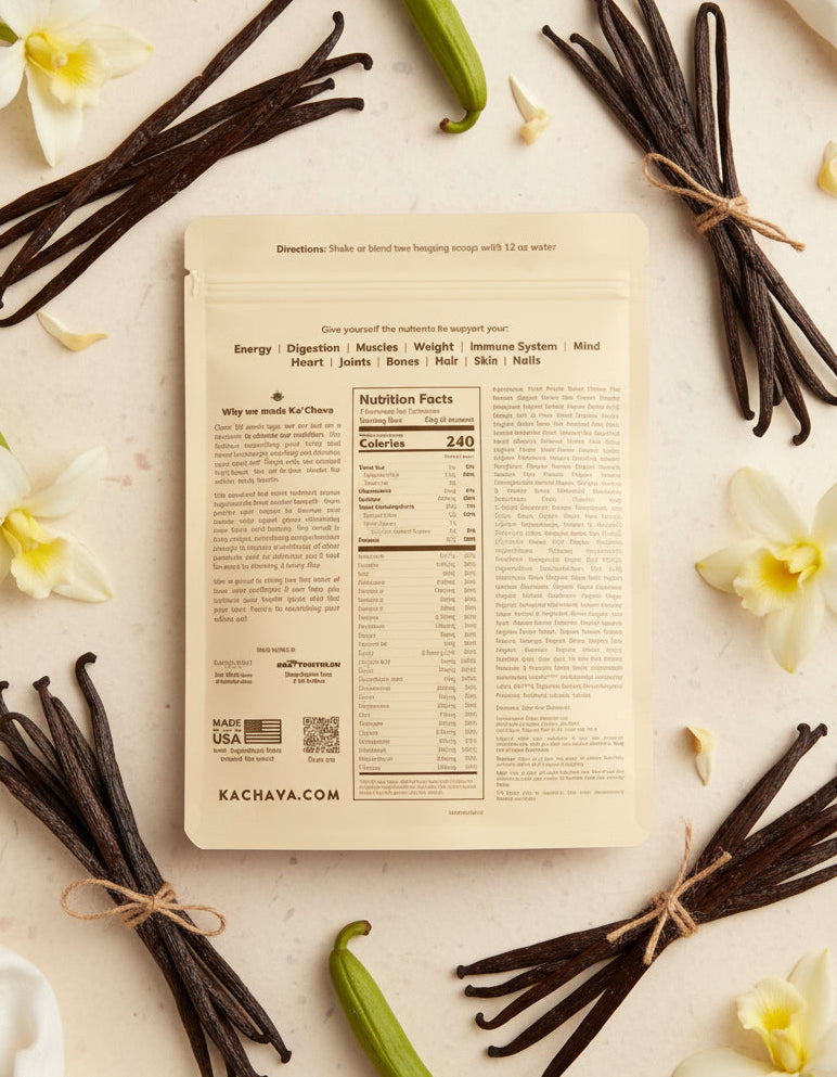 Infographic highlighting Ka'Chava's 5 nutrition pillars: Protein, Supergreens, Adaptogens, Omegas, and Probiotics.
