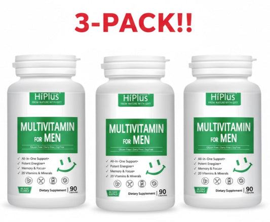 Three bottles of HiPlus Multivitamin for Men on a white background with '3-Pack!' text.