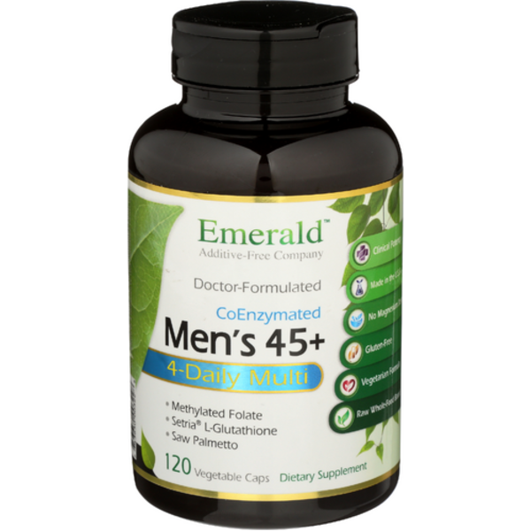 Supplement bottle labeled 'Men's 45+' by Emerald on a white background