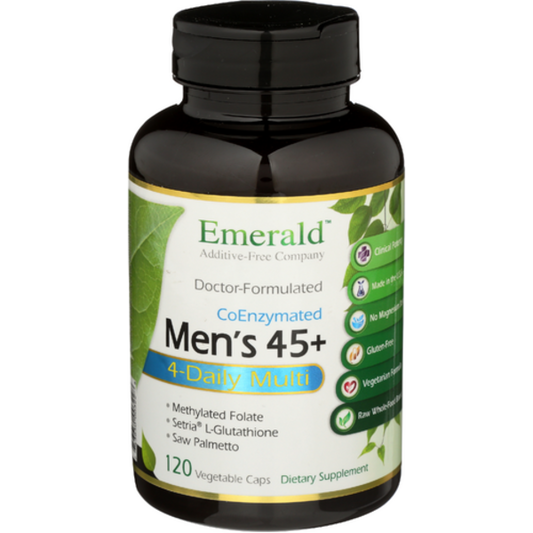 Supplement bottle labeled 'Men's 45+' by Emerald on a white background