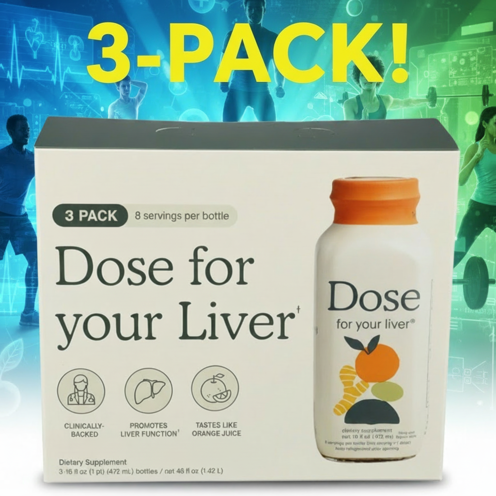 Box of 'Dose for your Liver' supplement with a colorful background featuring people exercising.