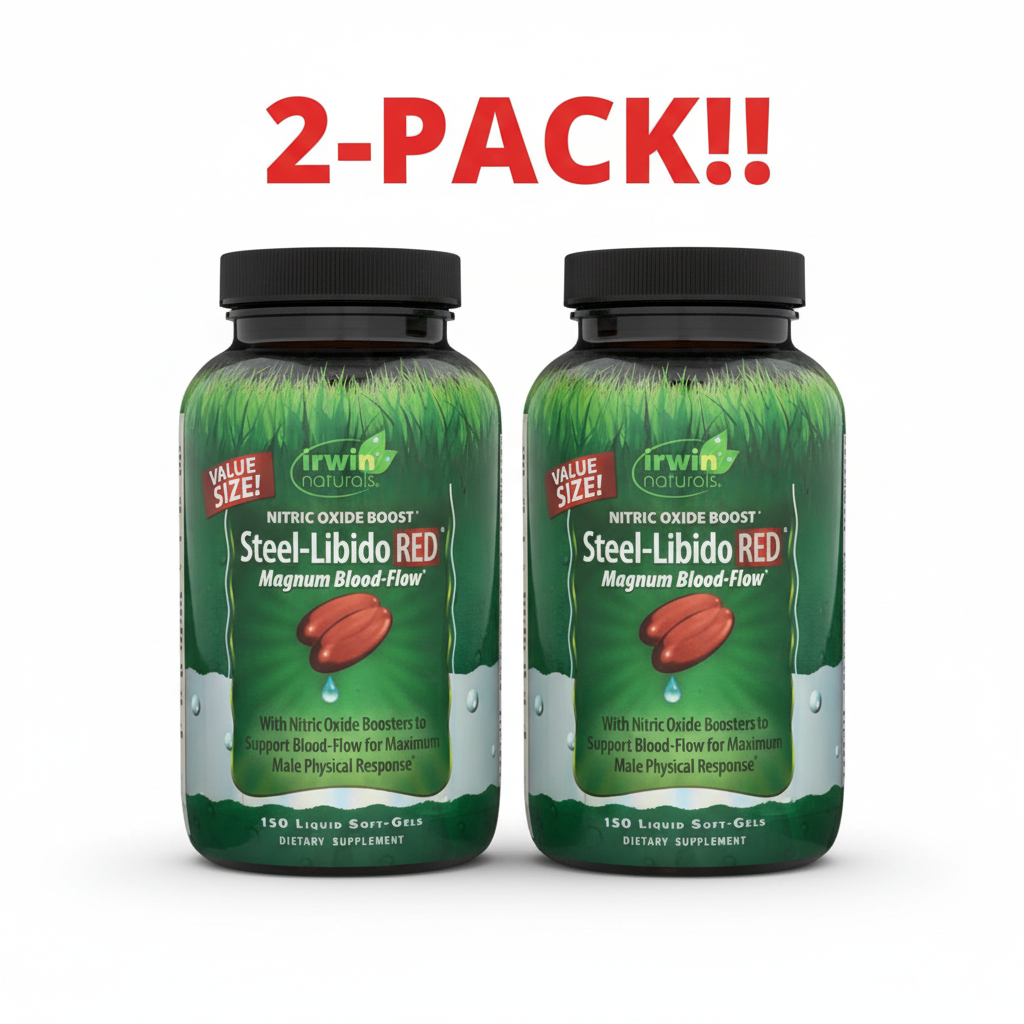 Supplement bottle labeled 'Steel-Libido RED' by Irwin Naturals on a white background