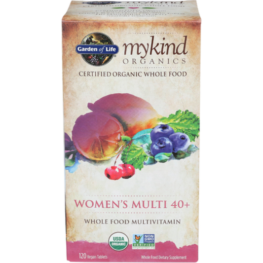 Box of Garden of Life mykind Organics Women's Multi 40+ supplement on a white background