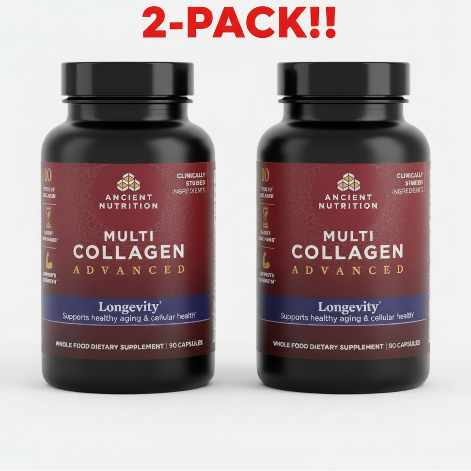Two bottles of Ancient Nutrition Longevity Advanced Multi Collagen (90 count) displayed together, highlighting the 2-pack value and the '10 Types' feature.