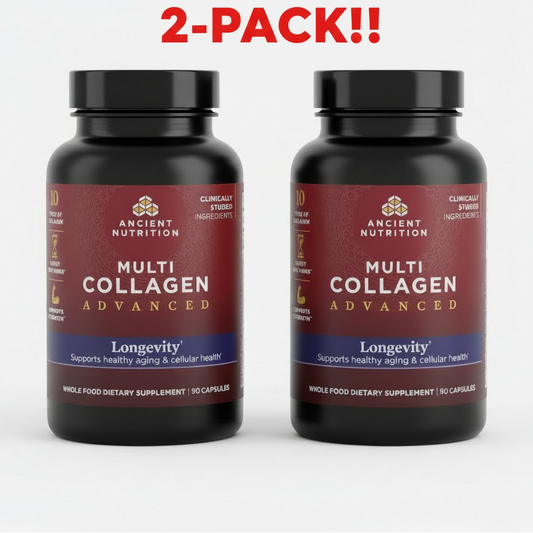 Two bottles of Ancient Nutrition Longevity Advanced Multi Collagen (90 count) displayed together, highlighting the 2-pack value and the '10 Types' feature.