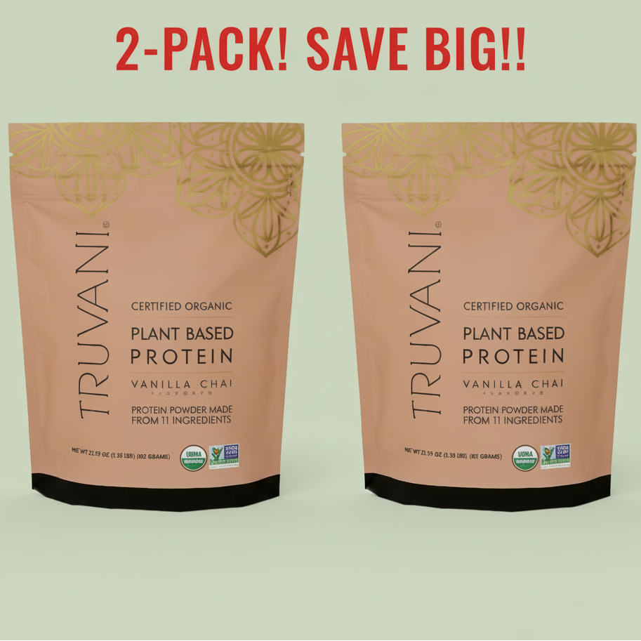 Two bags of Truvani Organic Vanilla Chai Plant-Based Protein Powder, 21.59 oz each, displayed side-by-side to emphasize the '2-Pack' and the 'Organic' and 'Vegan' certifications.