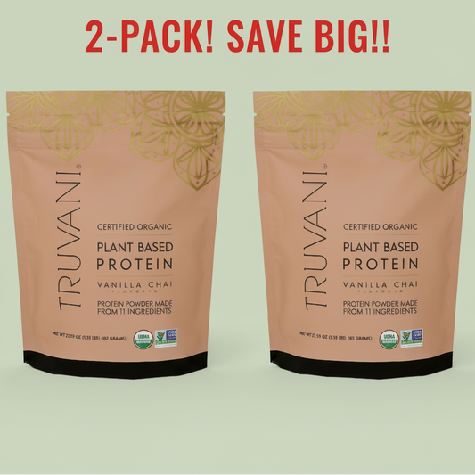 Two bags of Truvani Organic Vanilla Chai Plant-Based Protein Powder, 21.59 oz each, displayed side-by-side to emphasize the '2-Pack' and the 'Organic' and 'Vegan' certifications.