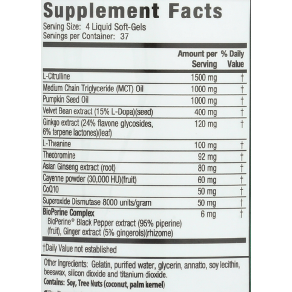 Supplement facts label with various ingredients and their amounts per serving