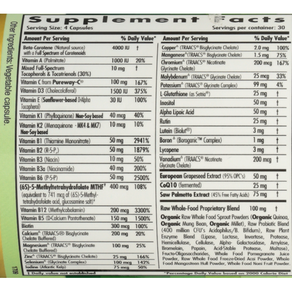 Supplement label with detailed nutritional information and ingredients