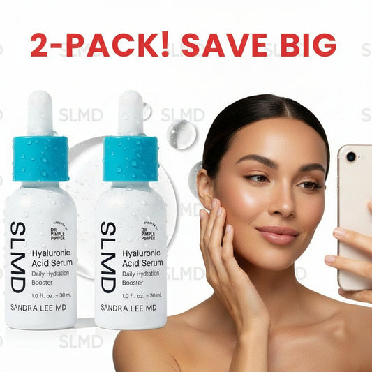 Two bottles of SLMD Hyaluronic Acid Serum on a white background