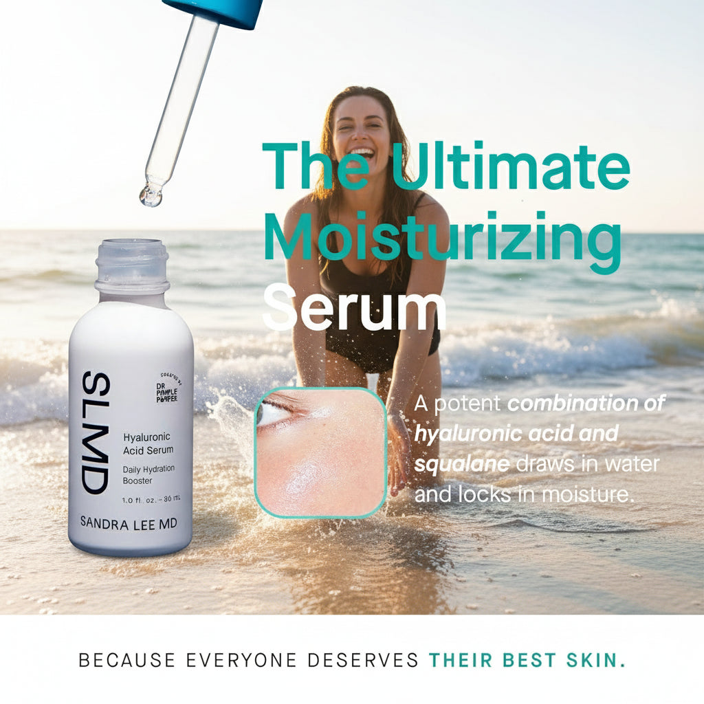 SLIM Hyaluronic Acid Serum bottle with dropper and text on a dark blue background