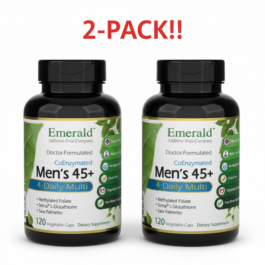 Two bottles of Emerald Laboratories Men's 45+ Multivitamin, 120 capsules each, displayed as a 2-Pack Value Bundle (240 capsules total).