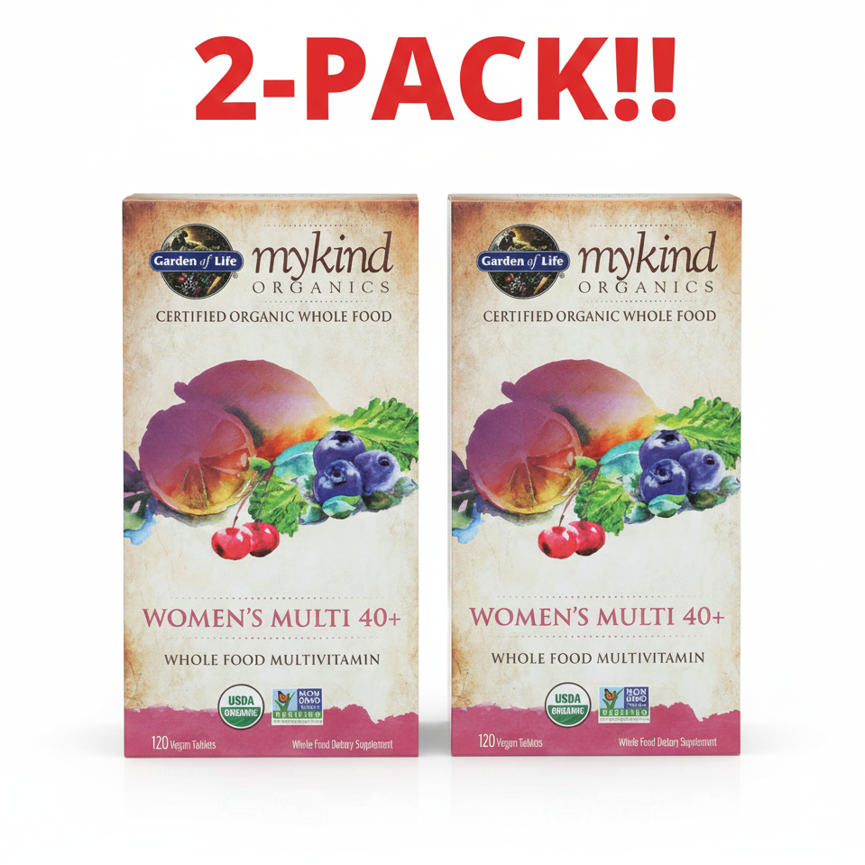 Two boxes of Garden of Life mykind Organics Women's Multi 40+ on a white background with '2-Pack!!' text above.