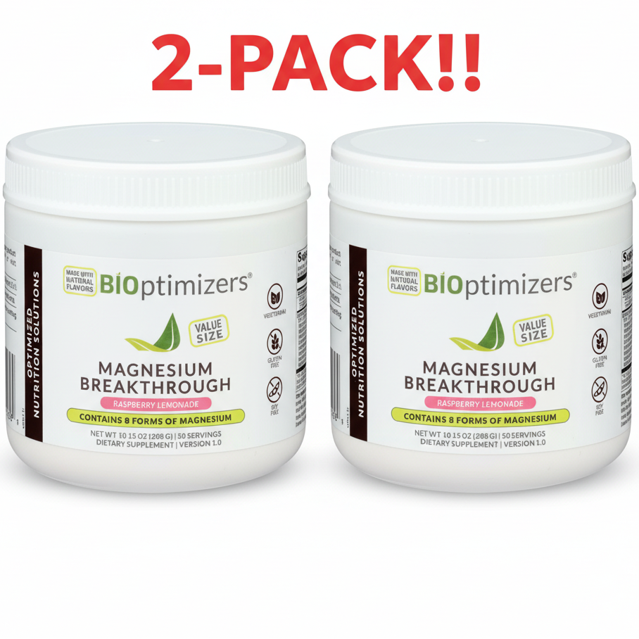 Two containers of Bioptimizers Magnesium Breakthrough on a white background with '2-Pack!!' text above.