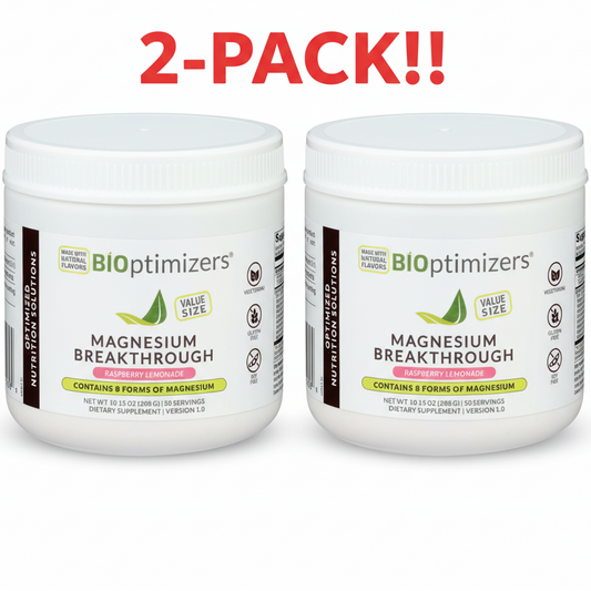 Two containers of Bioptimizers Magnesium Breakthrough on a white background with '2-Pack!!' text above.