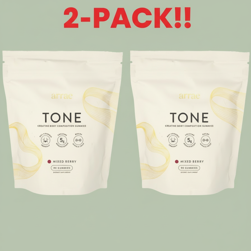 Two jars of Arrae Tone Creatine Body Composition Gummies (90 count each) in Mixed Berry flavor displayed together, highlighting the 2-pack and value.