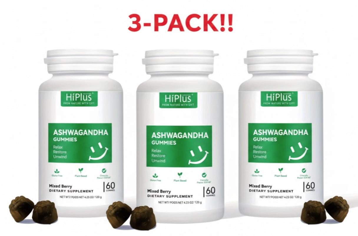 Three bottles of HiPlus Ashwagandha Gummies on a white background with '3-Pack!!' text.