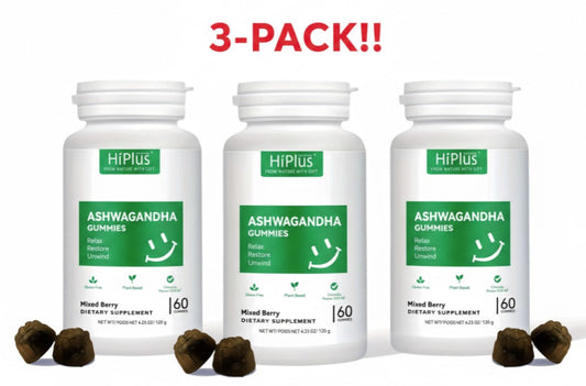 Three bottles of HiPlus Ashwagandha Gummies on a white background with '3-Pack!!' text.