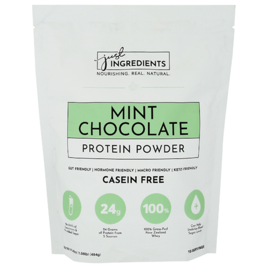 Bag of mint chocolate protein powder with 'Just Ingredients' branding on a white background
