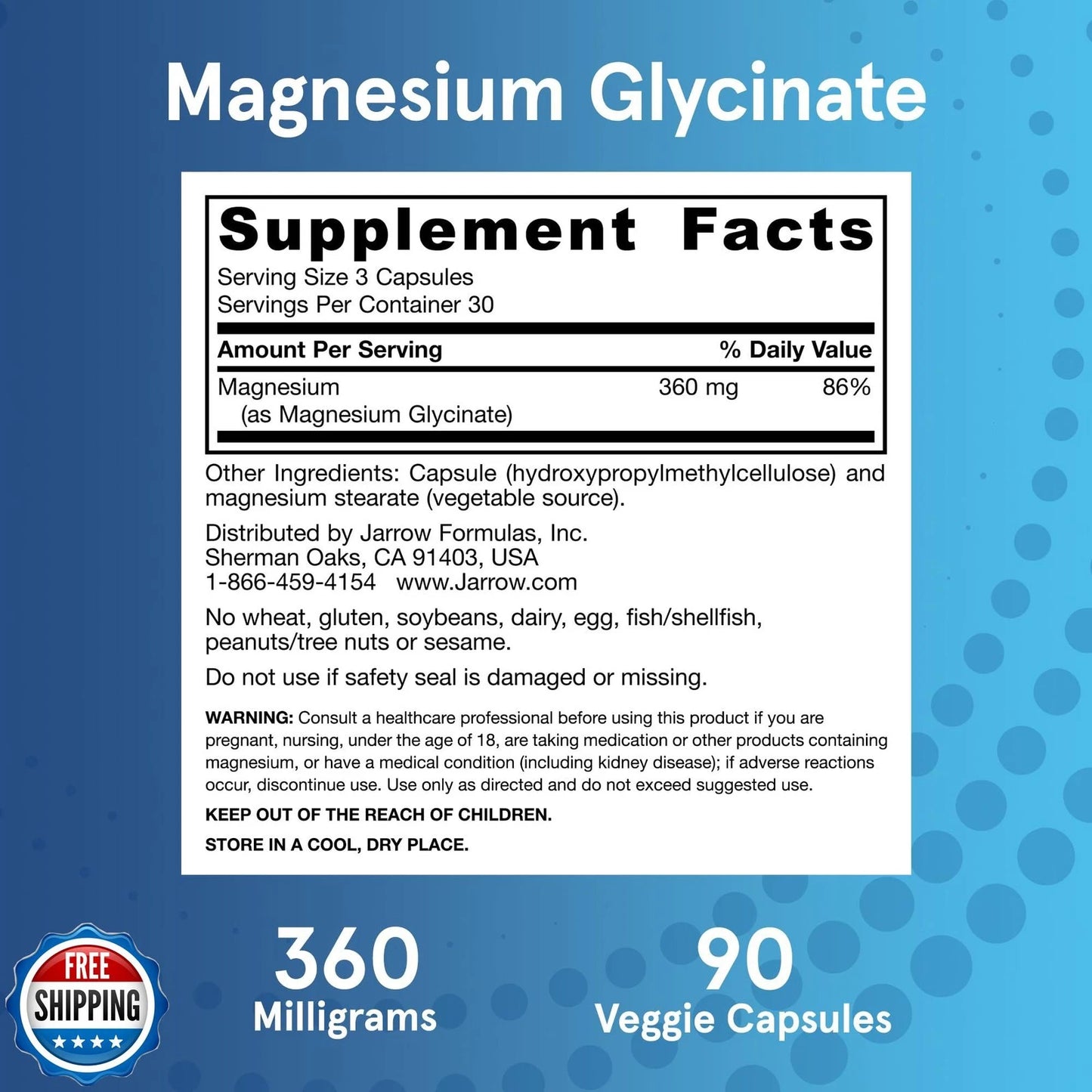Jarrow Formulas supplement label highlighting the 360 mg dosage and Magnesium Glycinate form.