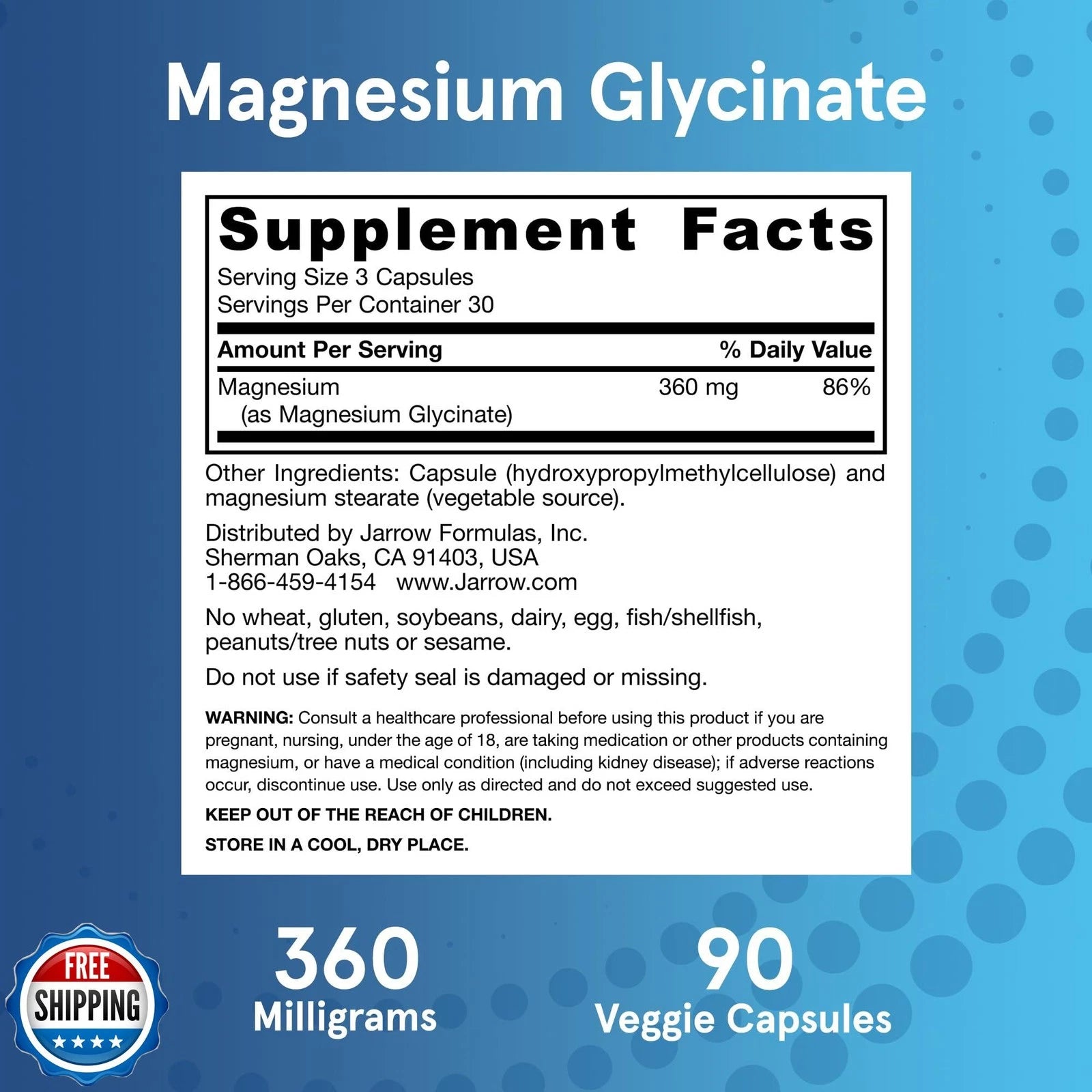 Jarrow Formulas supplement label highlighting the 360 mg dosage and Magnesium Glycinate form.