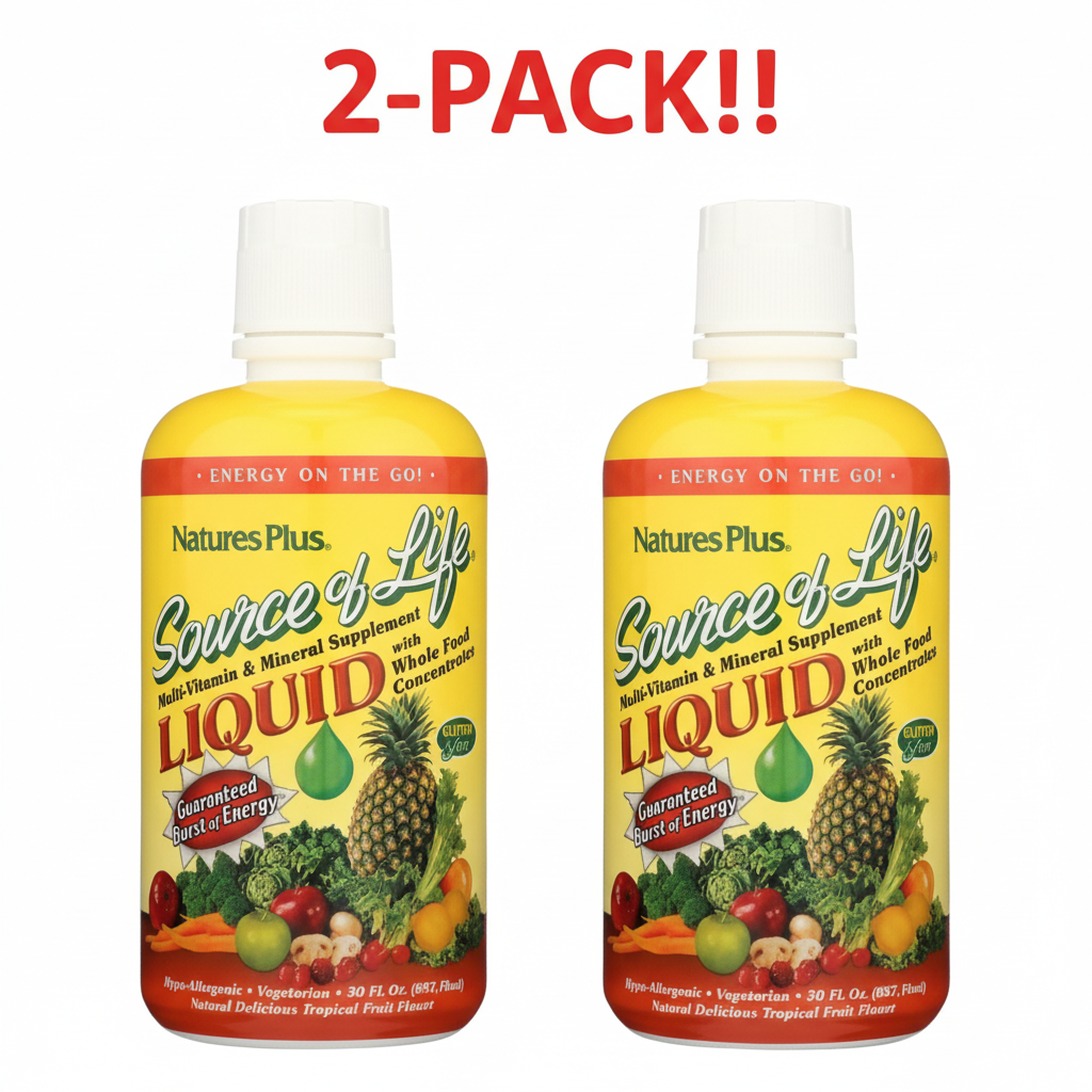 Two bottles of Nature's Plus Source of Life Liquid Multivitamin, 30 fluid oz each, displayed as a 2-Pack Value Bundle (60 total fluid oz).