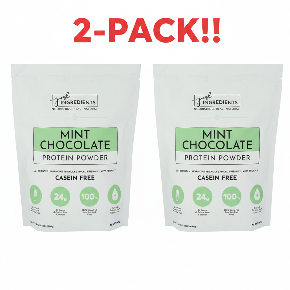 Two packages of Mint Chocolate Protein Powder with '2-Pack!!' text above on a white background.