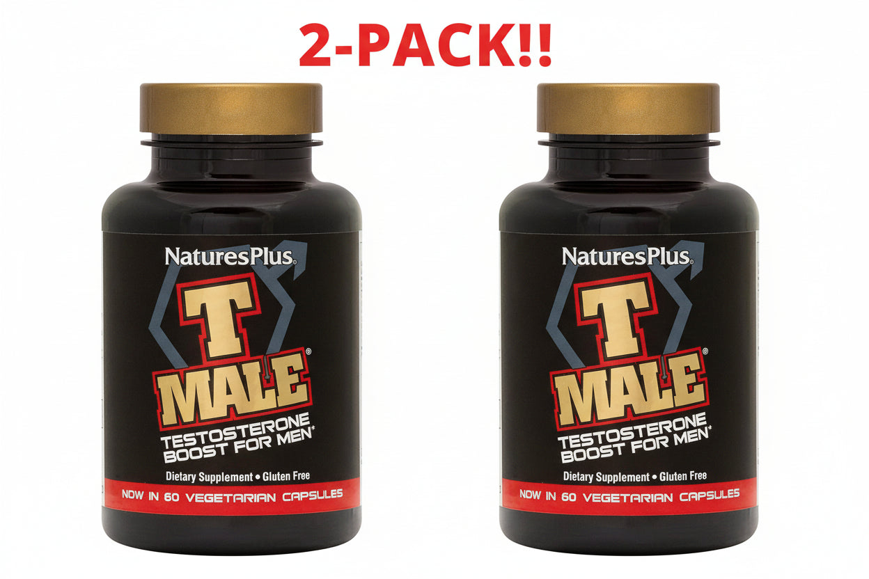 Two bottles of NaturesPlus T-Male supplement on a white background with '2-Pack!!' text.